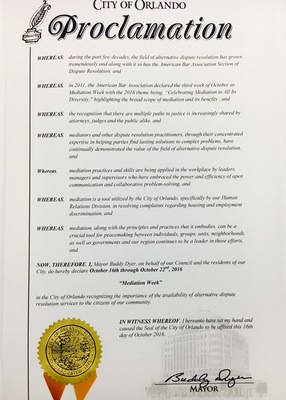 City of Orlando Proclaims Oct. 16-22 ABA Mediation Week