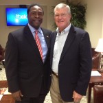 Jacksonville Mayor Alvin Brown, left, and Florida mediator Bob Cole met at the September 11, 2013, ribbon-cutting for the executive suites at the EverBank Center.