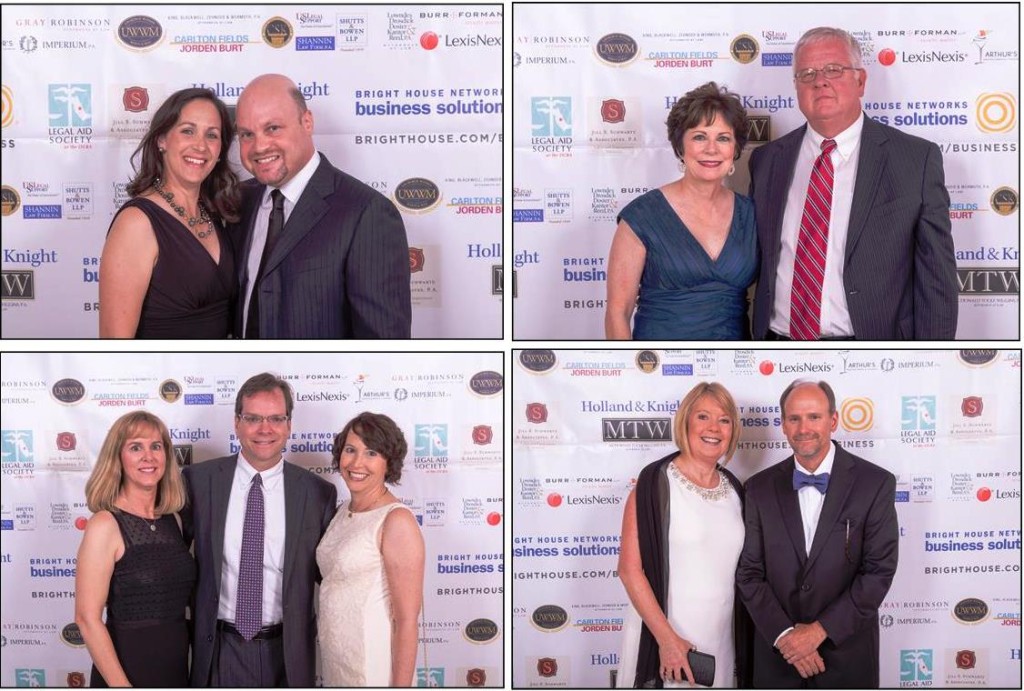 Karen and Lawrence Kolin, top left; A. Michelle Jernigan, a UWWM shareholder/mediator, and her husband, Paul Linder, top right; attorney Yvonne Yegge, UWWM shareholder/mediator Richard Lord (her husband) and attorney Felecia Ziegler, bottom left; and Joanne and Jeffrey Fleming struck poses for the event photographer.
